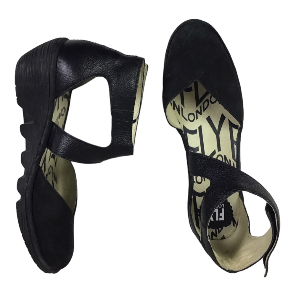 Fly London 39 Women’s US 8-8.5 Black Nubuck Piat Wedge Heels Ankle Strap